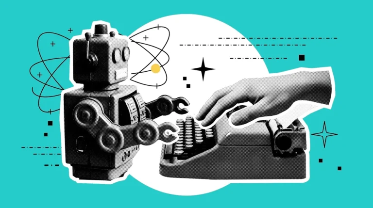 Robot e mano su una macchina da scrivere