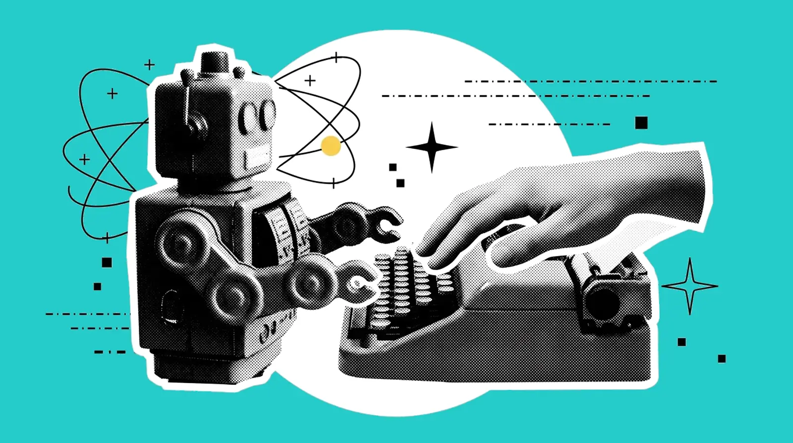 Robot e mano su una macchina da scrivere