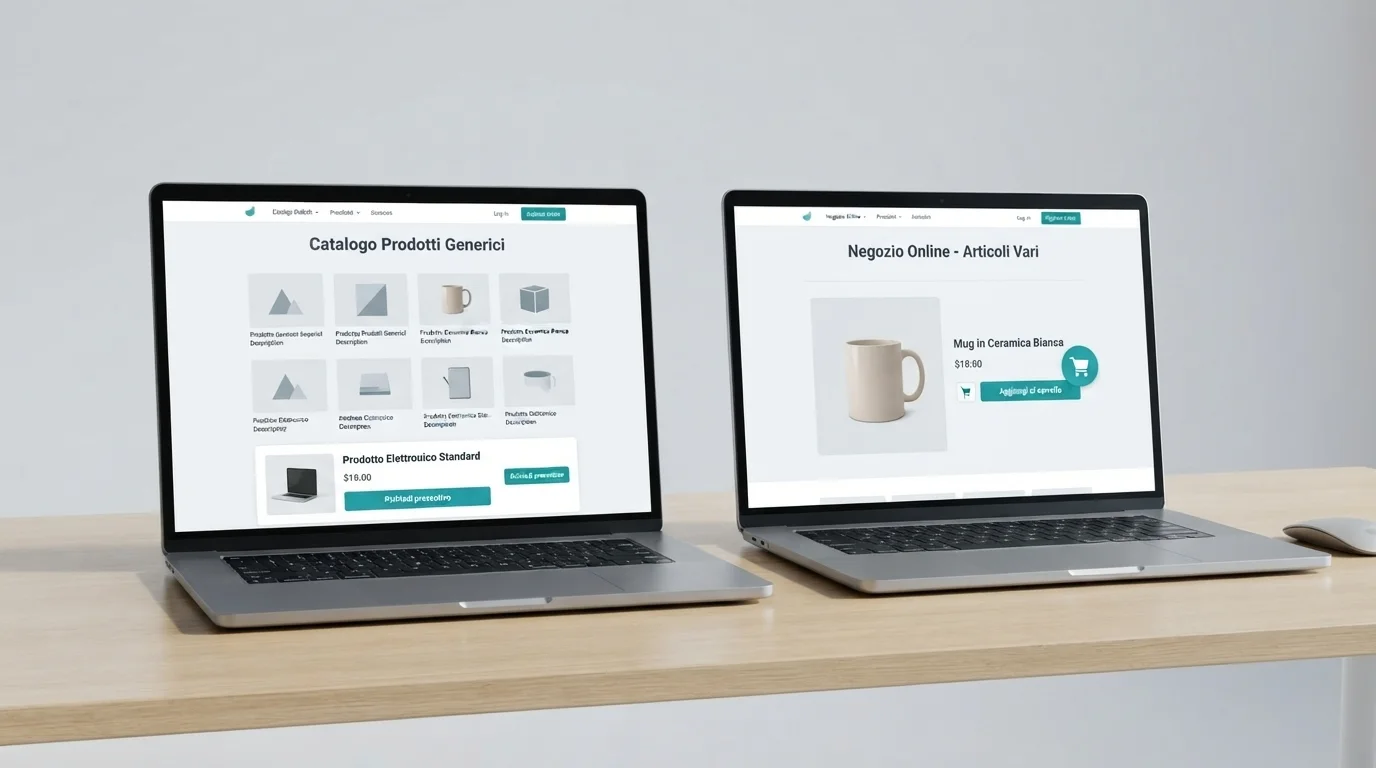 Due portatili affiancati: a sinistra un catalogo prodotti con richiesta di preventivo, a destra un negozio online con carrello