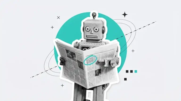 Robot vintage che legge un giornale e cerchia un articolo: le intelligenze artificiali leggono il web e scelgono chi citare