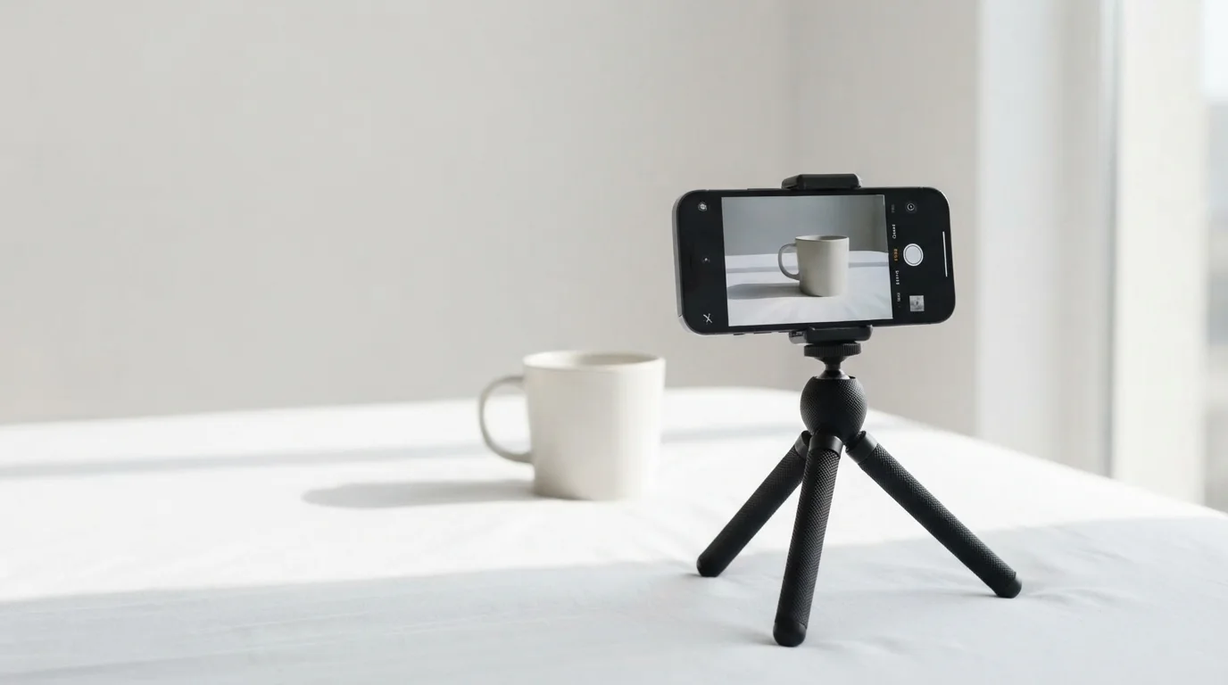 Uno smartphone su un piccolo treppiede fotografa una tazza bianca vicino a una finestra, con luce naturale laterale