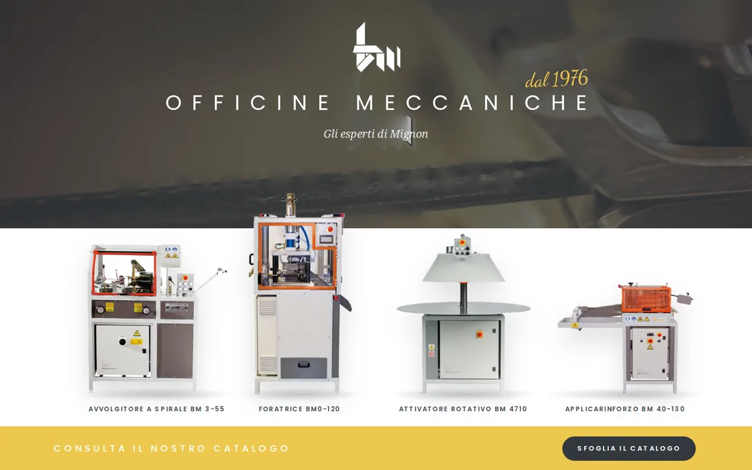 BM Officine Meccaniche: la foto del laboratorio, il marchio e quattro macchine in fila con i loro nomi.