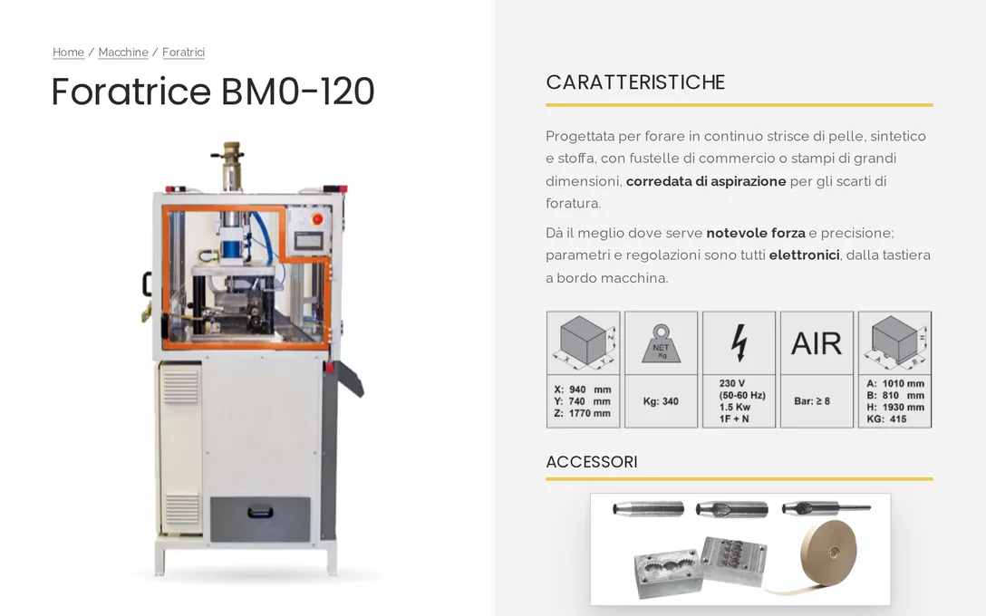 BM Officine Meccaniche: la scheda della foratrice, con le caratteristiche, i dati tecnici e gli accessori.