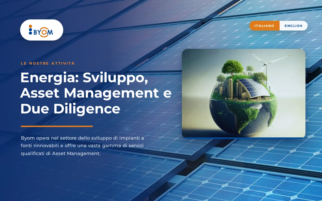 Byom: i pannelli solari, il titolo della pagina sull’energia e il globo verde.