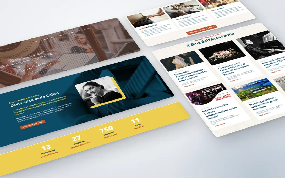 Le sezioni del sito dell’Accademia Maria Callas: i corsi, la Callas e Zevio, i numeri, il blog.