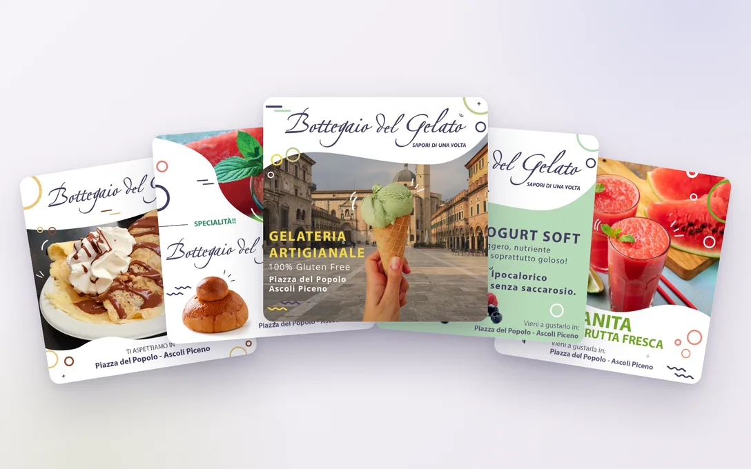 Bottegaio del Gelato: cinque post della linea fresca aperti a ventaglio.