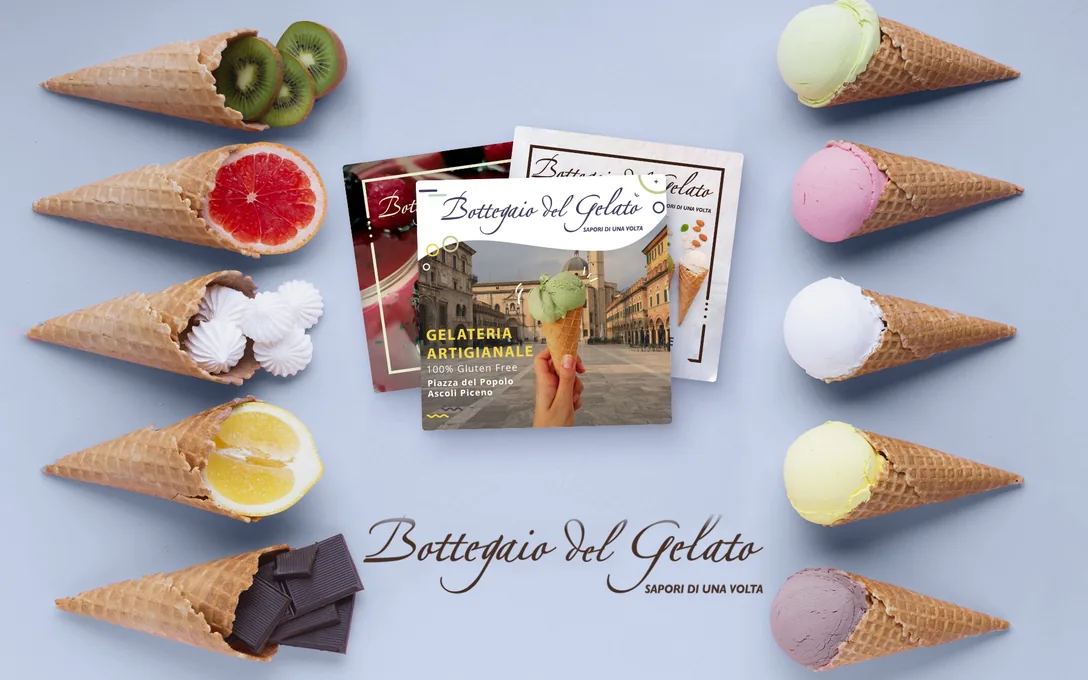 Bottegaio del Gelato: i coni della loro foto più bella e tre post della campagna appoggiati sul tavolo.