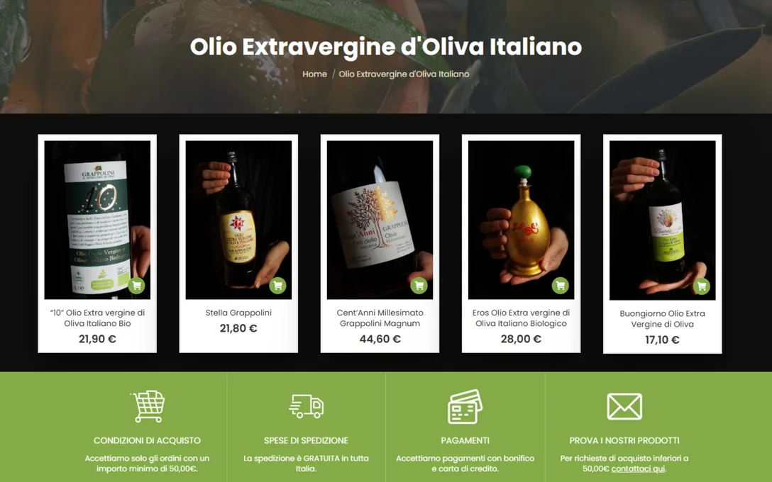 Grappolini: cinque bottiglie del catalogo tenute in mano sul nero, con i prezzi e la fascia degli acquisti.