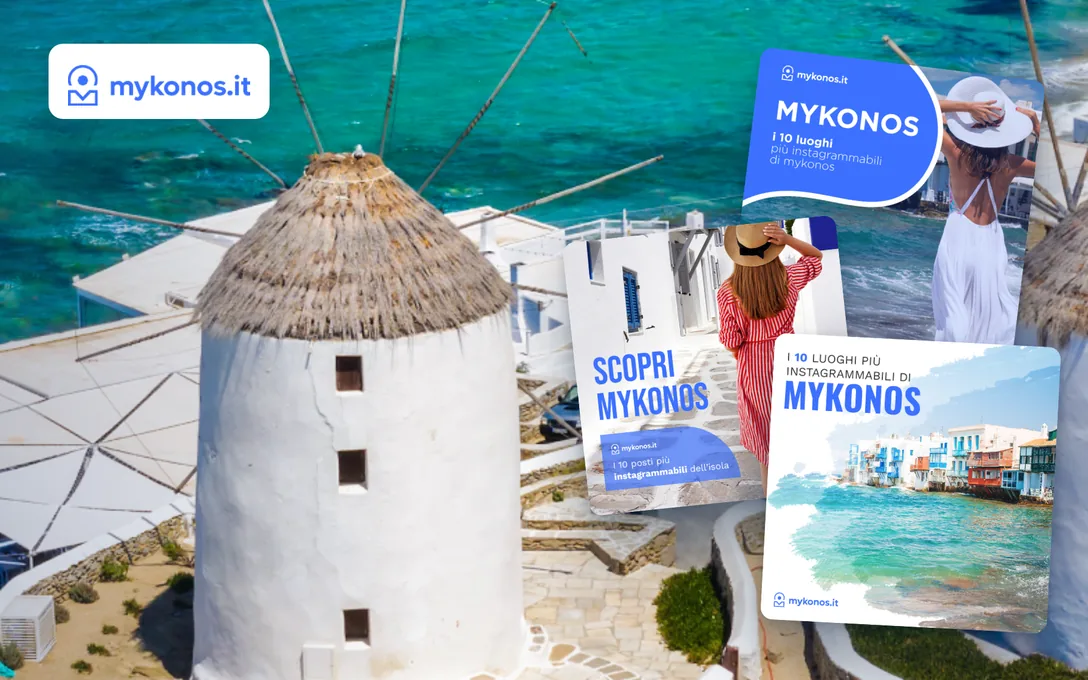 mykonos.it: il mulino sul mare da un loro post, con tre post della serie appoggiati sopra e il marchio.