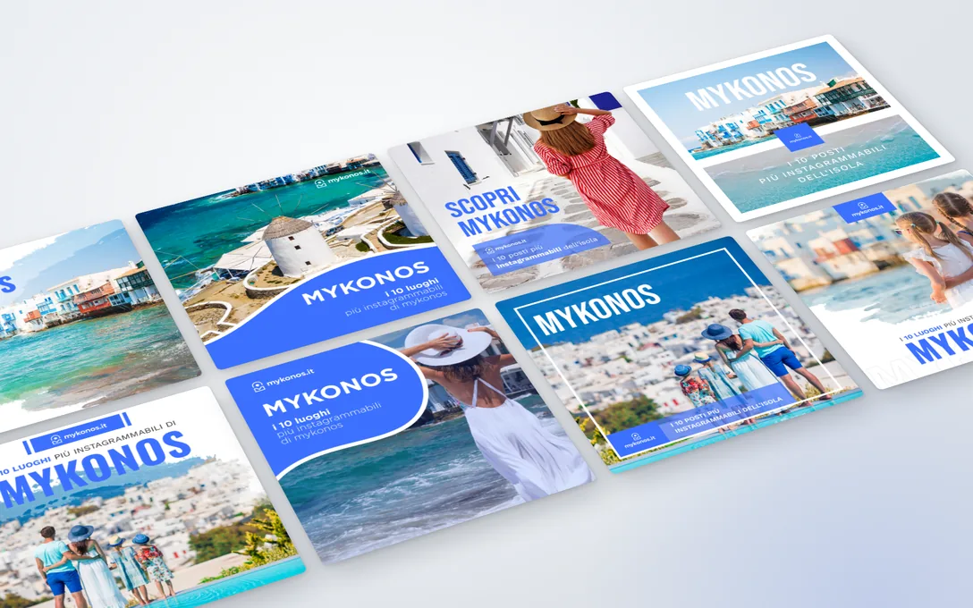 mykonos.it: otto post della serie sui luoghi più belli dell’isola, in griglia.