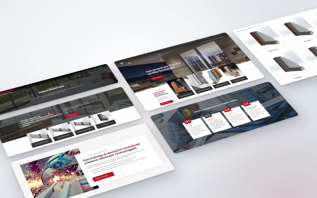 Neodesign: le sezioni del sito e il catalogo dei sistemi per serramenti.