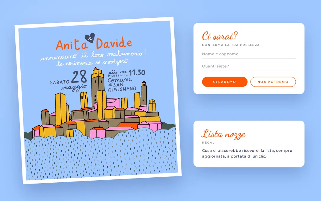 Anita e Davide: la partecipazione illustrata, le conferme di presenza e la lista nozze.