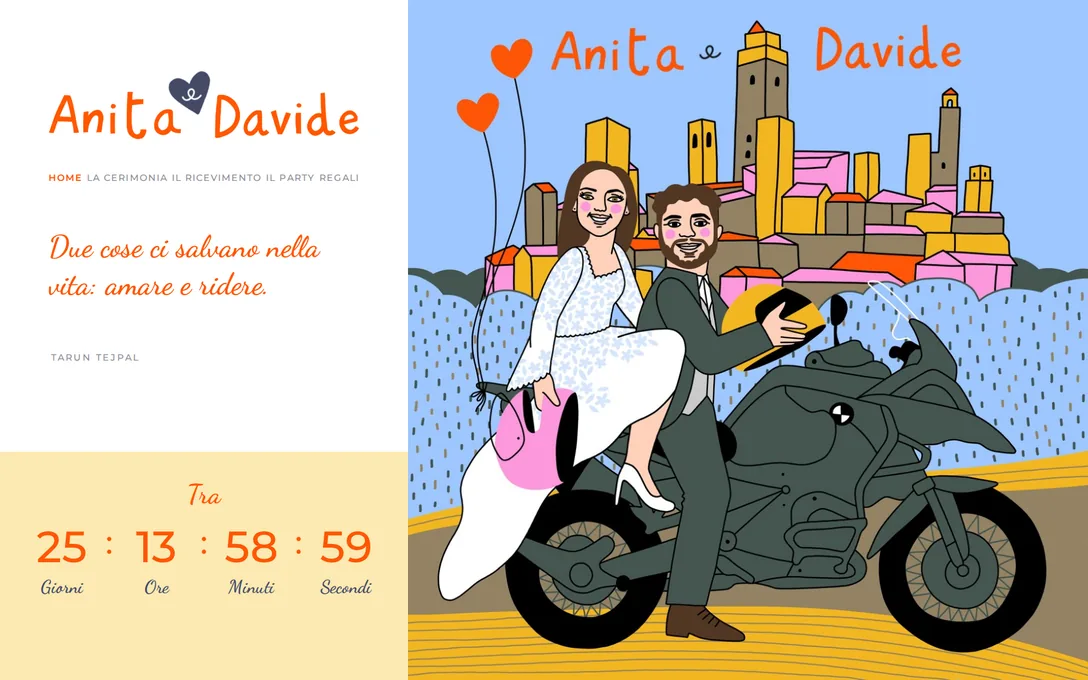 Anita e Davide: la home del sito con il conto alla rovescia e l’illustrazione degli sposi.