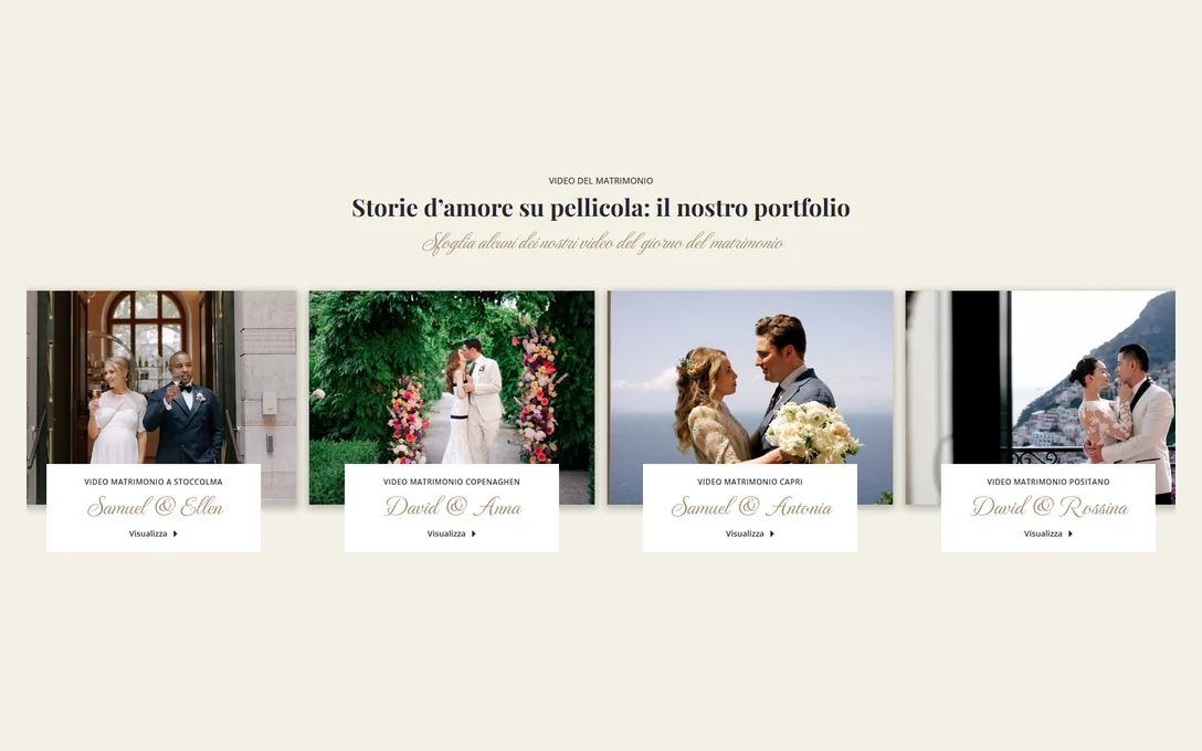 SE Wedding Films: «Storie d’amore su pellicola», quattro film del portfolio con i nomi delle coppie in corsivo.