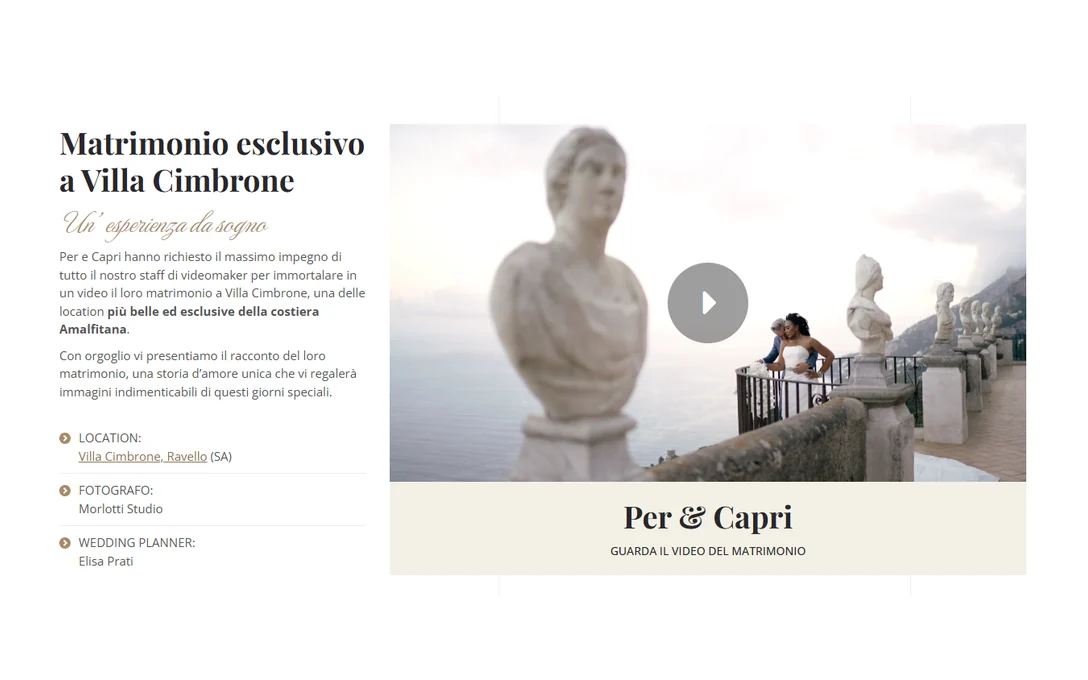 SE Wedding Films: la pagina del matrimonio a Villa Cimbrone, il testo, i crediti e il video di Per & Capri.