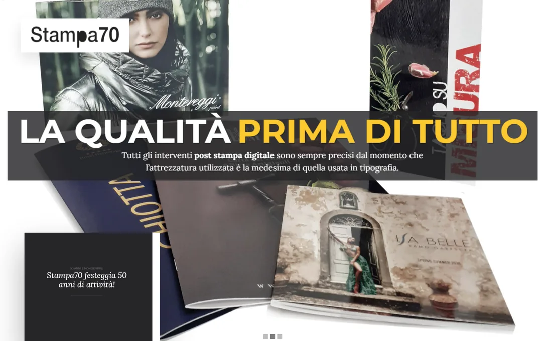 Stampa70: i lavori stampati con la fascia «La qualità prima di tutto» e i cinquant’anni di attività.