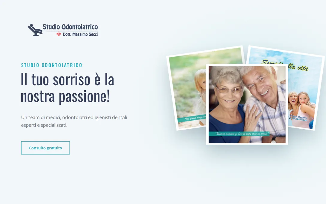 Studio odontoiatrico: il titolo «Il tuo sorriso è la nostra passione!» e tre foto di sorrisi.
