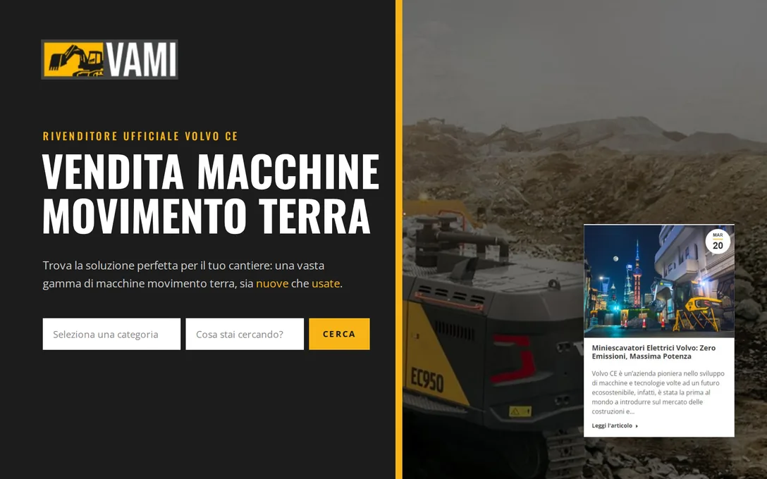 Vami: il titolo e la ricerca del sito accanto a un escavatore in cava, con un articolo del blog.