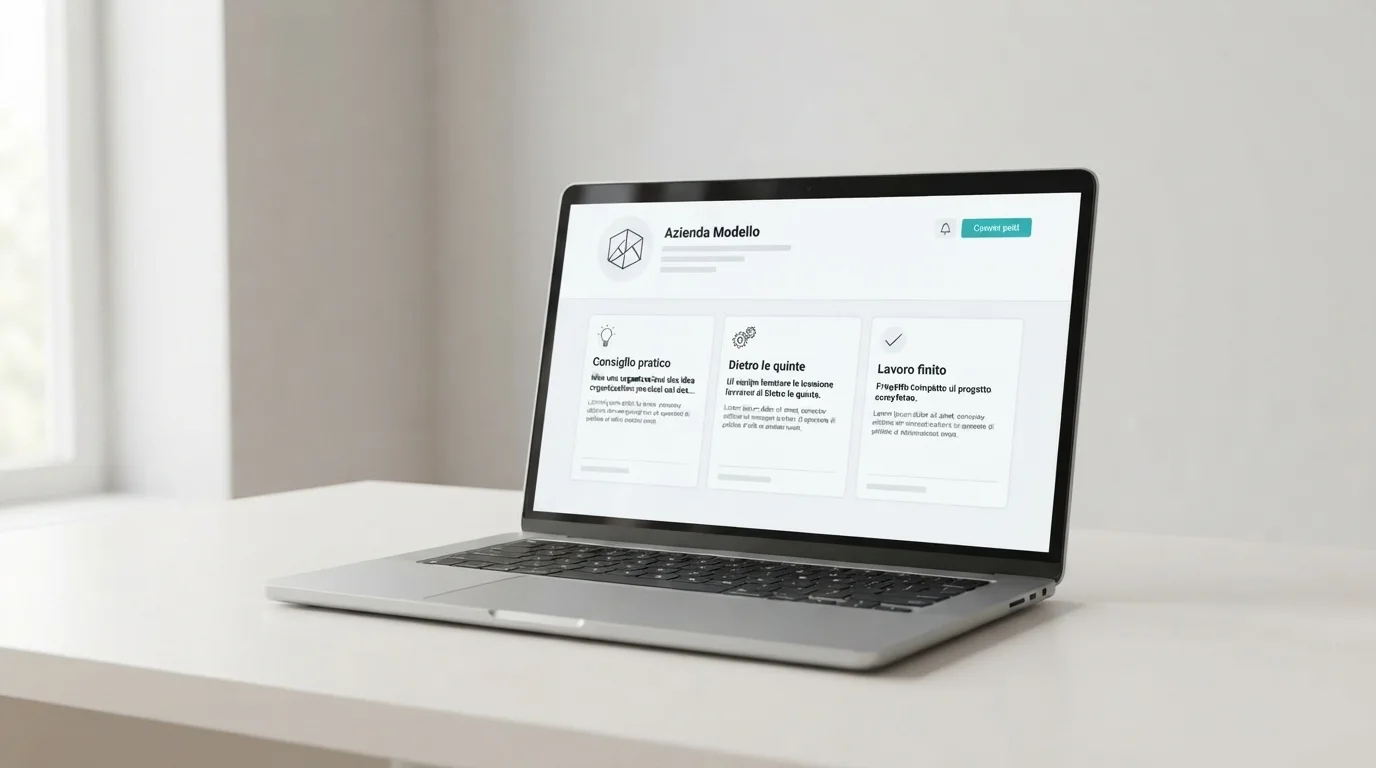 Un portatile mostra la pagina di un'azienda con tre post: Consiglio pratico, Dietro le quinte, Lavoro finito