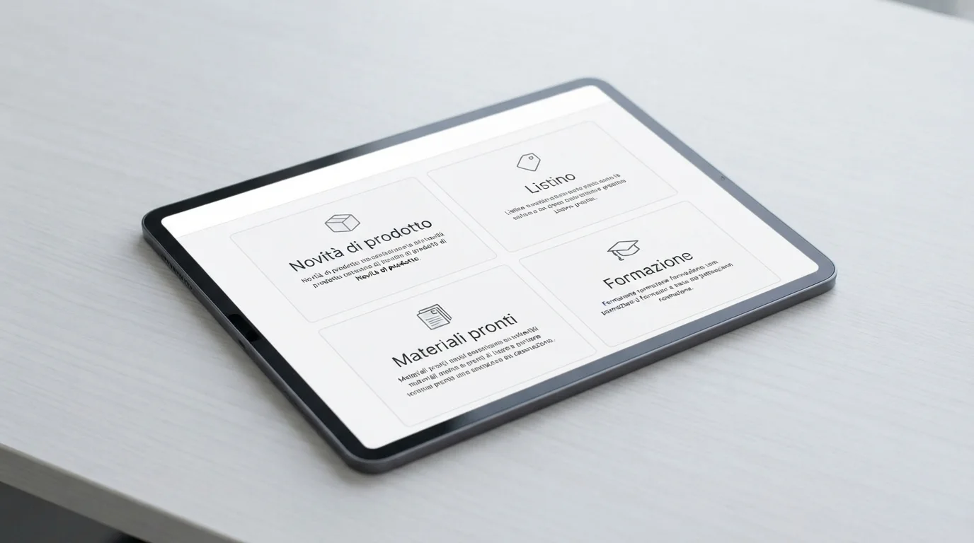 Un tablet mostra una newsletter divisa in quattro blocchi: Novità di prodotto, Listino, Materiali pronti, Formazione