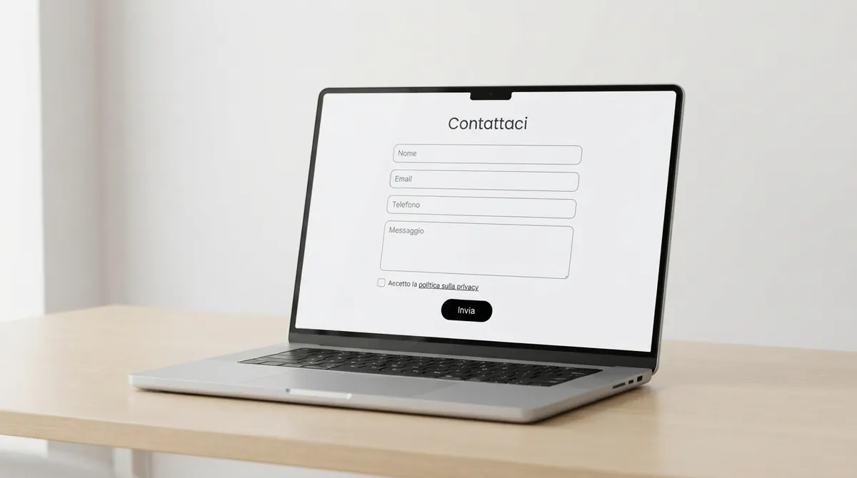 Un portatile su una scrivania mostra un modulo contatti essenziale con nome, email, telefono, messaggio, consenso privacy e pulsante Invia