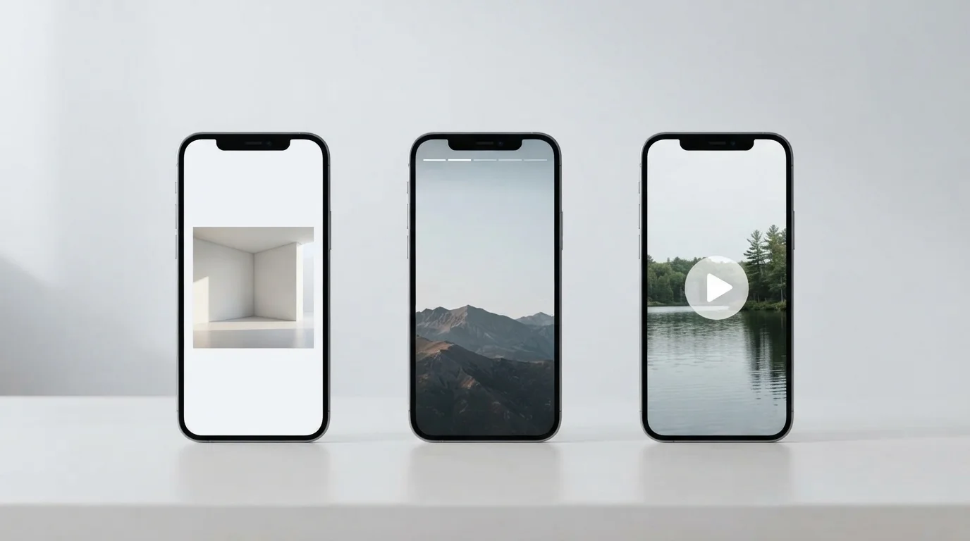 Tre smartphone affiancati: un post quadrato, una story verticale con la barra di avanzamento e un video verticale con il tasto play