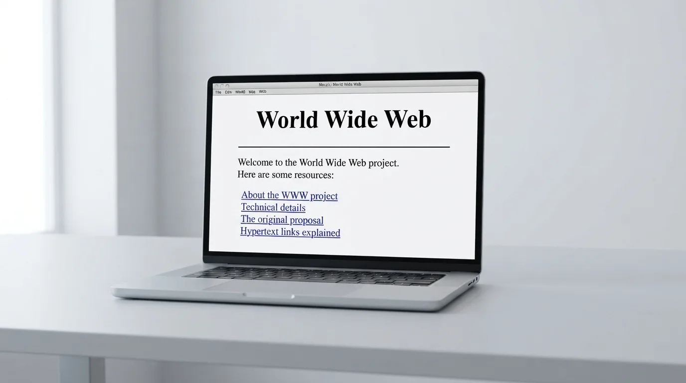 Un portatile mostra una pagina web essenziale dei primi anni Novanta, con il titolo World Wide Web e alcuni link blu