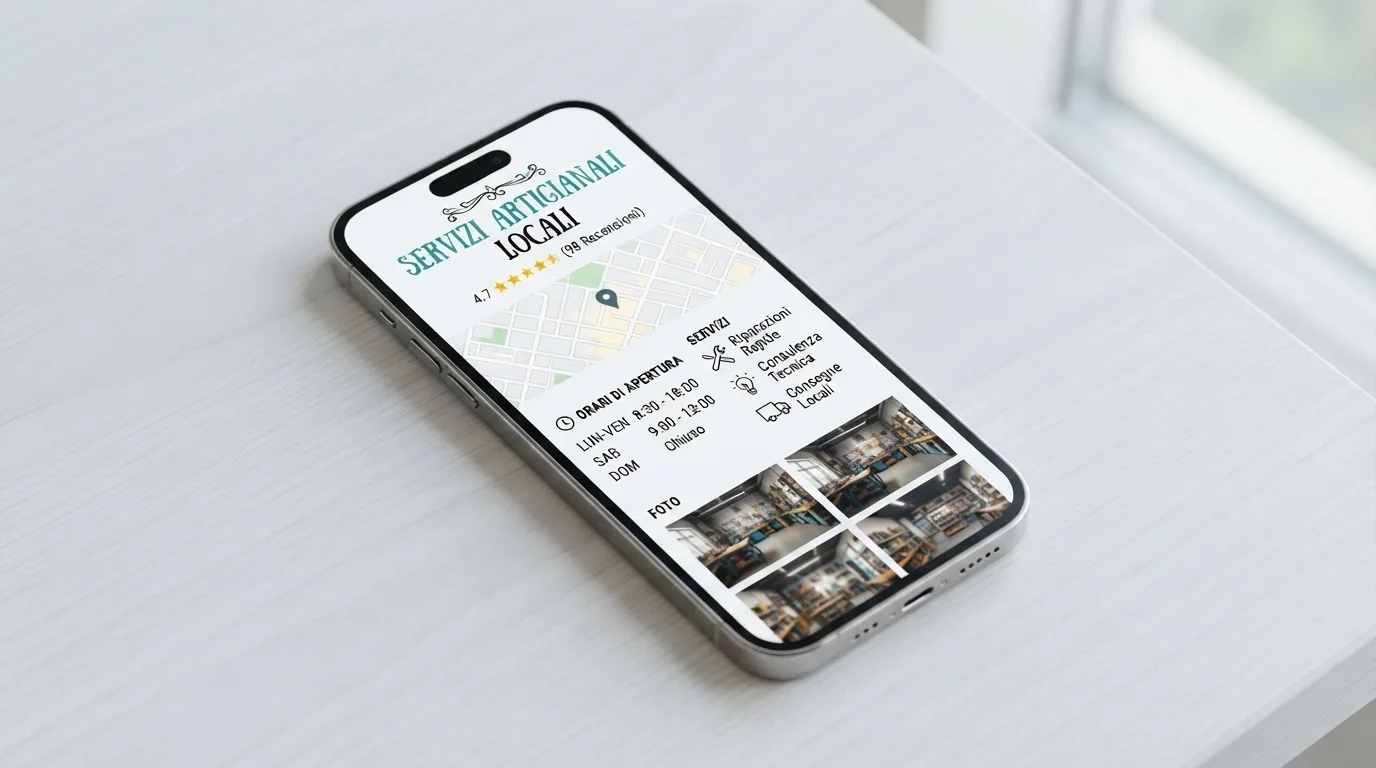 Uno smartphone mostra la scheda di un'attività locale con mappa, valutazioni, orari, servizi e foto